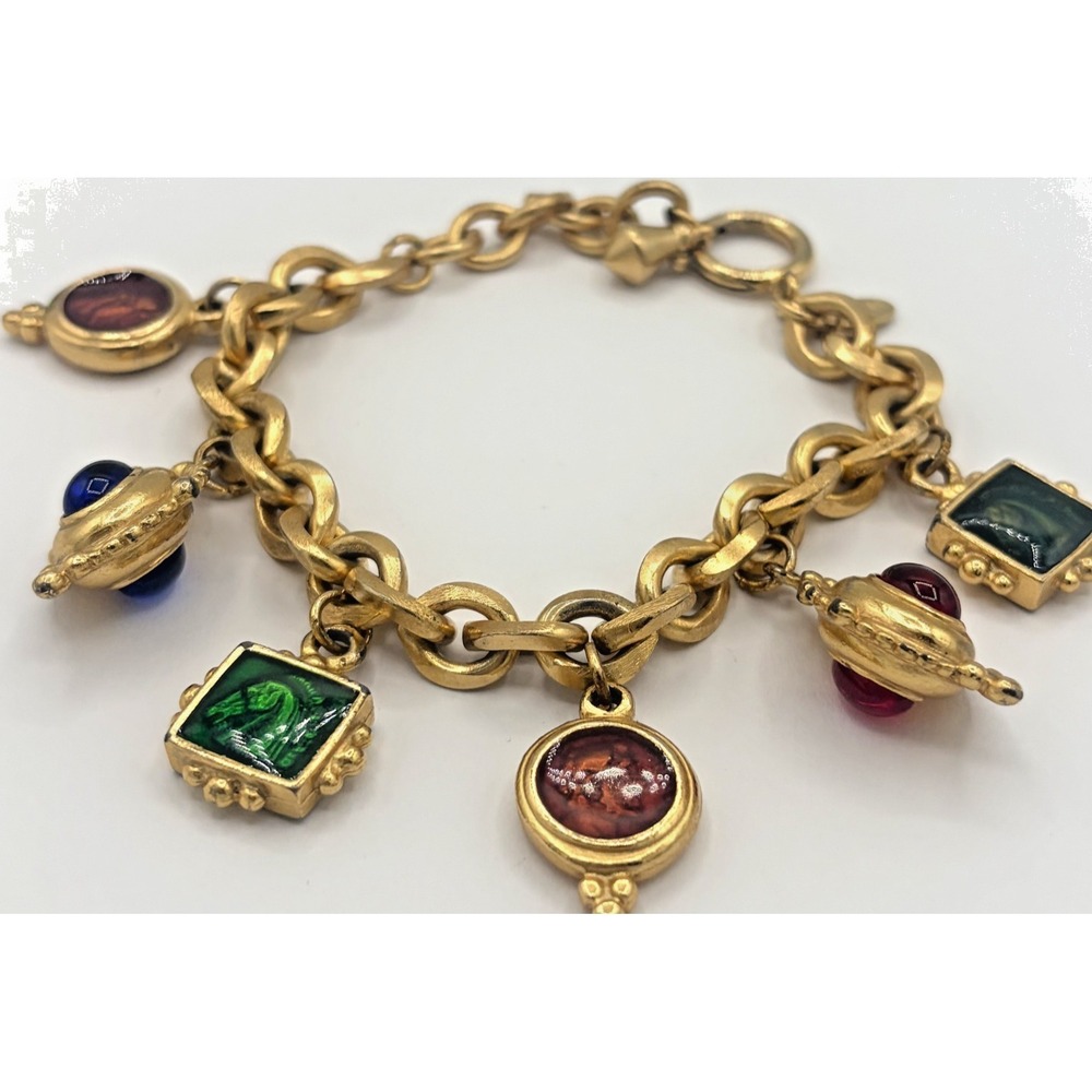 Vintage Carolee Gold Tone Glass Intaglio Etruscan Horse Charm Bracelet